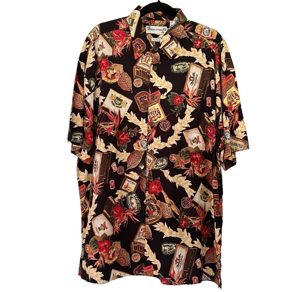 Vintage Robert Stock Hawaiian island cigar themed button down collared shirt